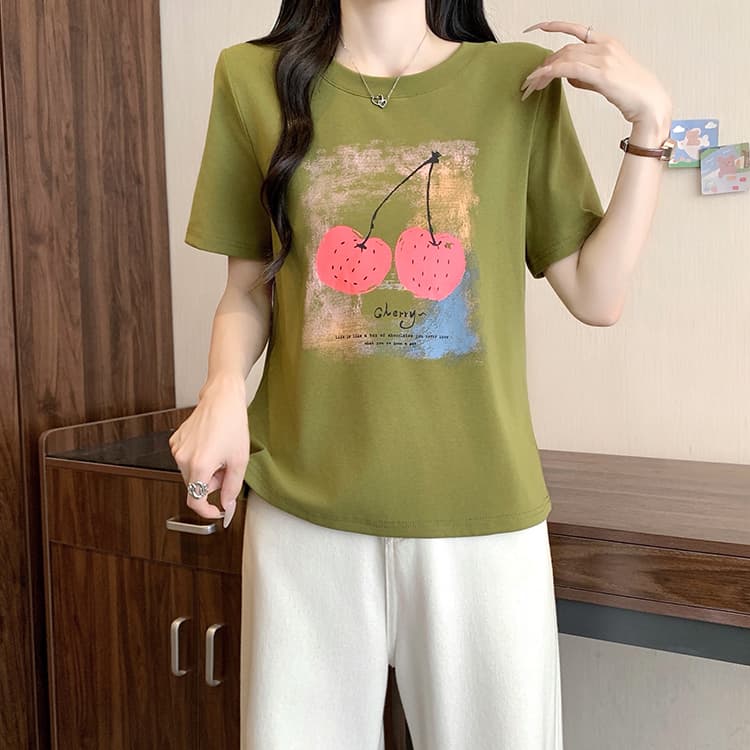 실사 2026 여름 드레스 새로운 지방 mm 빅 사이즈 여성 미니멀리즘 캐주얼 프린트 체리 라운드 넥 반팔 티셔츠 상세 이미지 9