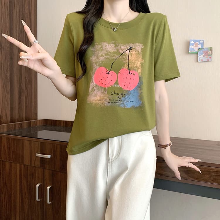 실사 2026 여름 드레스 새로운 지방 mm 빅 사이즈 여성 미니멀리즘 캐주얼 프린트 체리 라운드 넥 반팔 티셔츠 상세 이미지 11