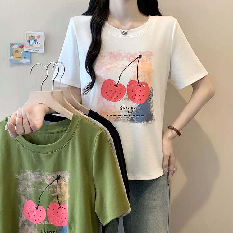 실사 2026 여름 드레스 새로운 지방 mm 빅 사이즈 여성 미니멀리즘 캐주얼 프린트 체리 라운드 넥 반팔 티셔츠 상세 이미지 14