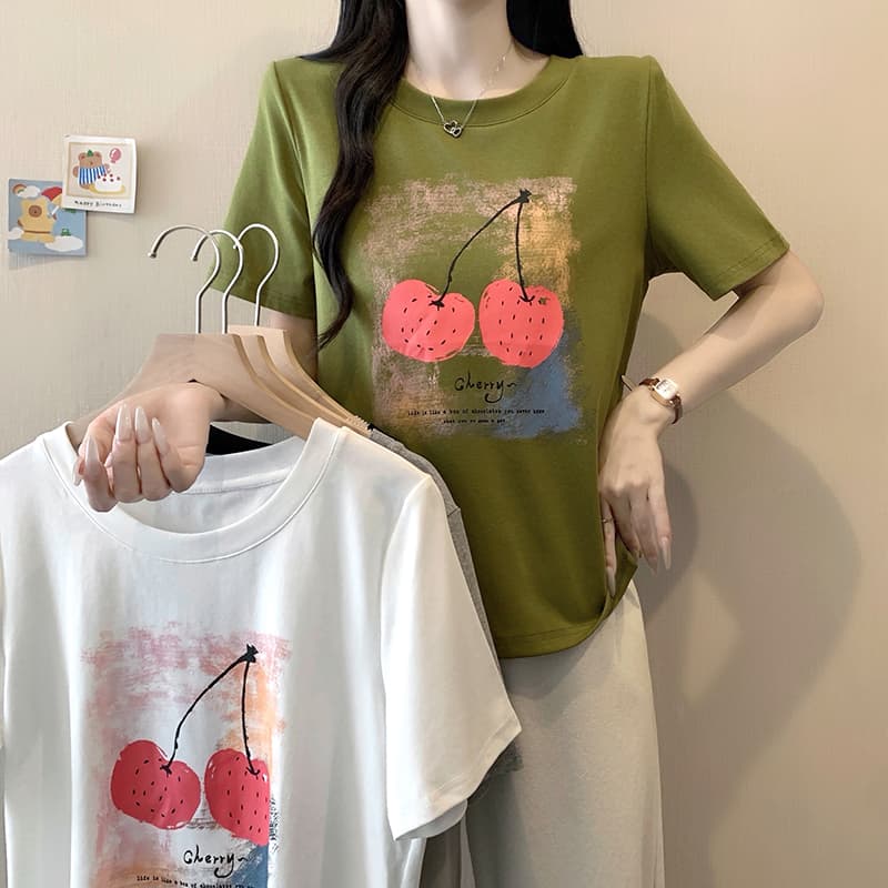 실사 2026 여름 드레스 새로운 지방 mm 빅 사이즈 여성 미니멀리즘 캐주얼 프린트 체리 라운드 넥 반팔 티셔츠