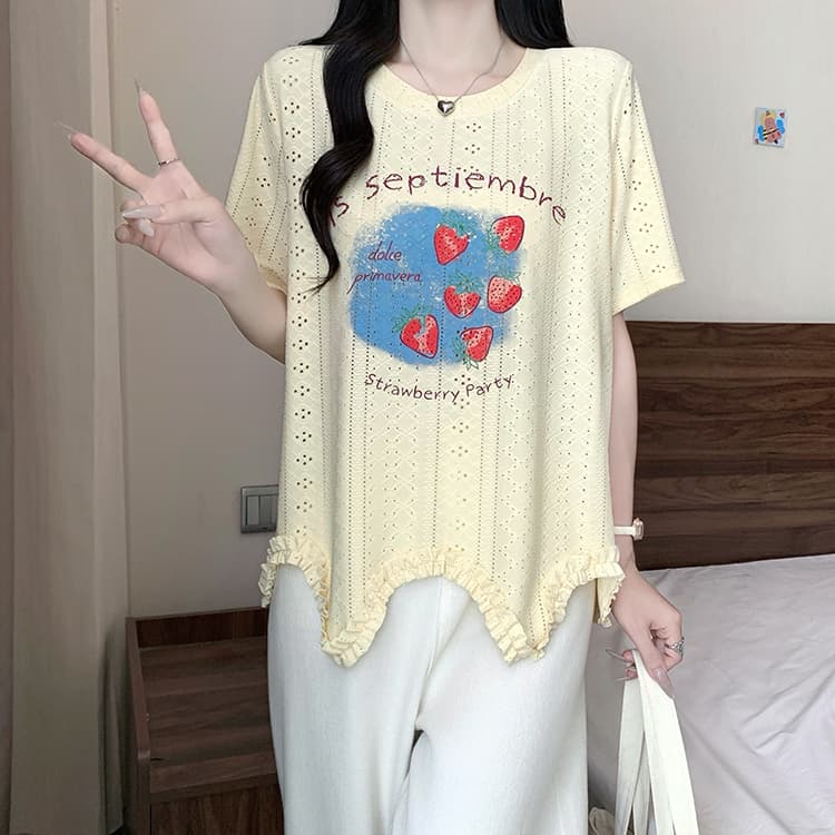 실사 2026 여름 드레스 새로운 지방 mm 빅 사이즈 여성 한 부서 달콤함 디자인 센스 홀로우 아웃 프린트 딸기 반팔 티셔츠 상세 이미지 8