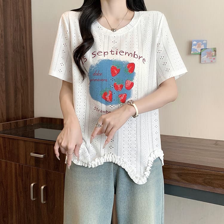 실사 2026 여름 드레스 새로운 지방 mm 빅 사이즈 여성 한 부서 달콤함 디자인 센스 홀로우 아웃 프린트 딸기 반팔 티셔츠 상세 이미지 17