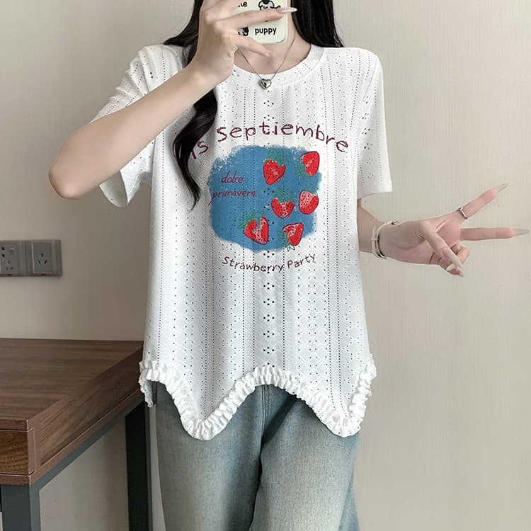 실사 2026 여름 드레스 새로운 지방 mm 빅 사이즈 여성 한 부서 달콤함 디자인 센스 홀로우 아웃 프린트 딸기 반팔 티셔츠 상세 이미지 20