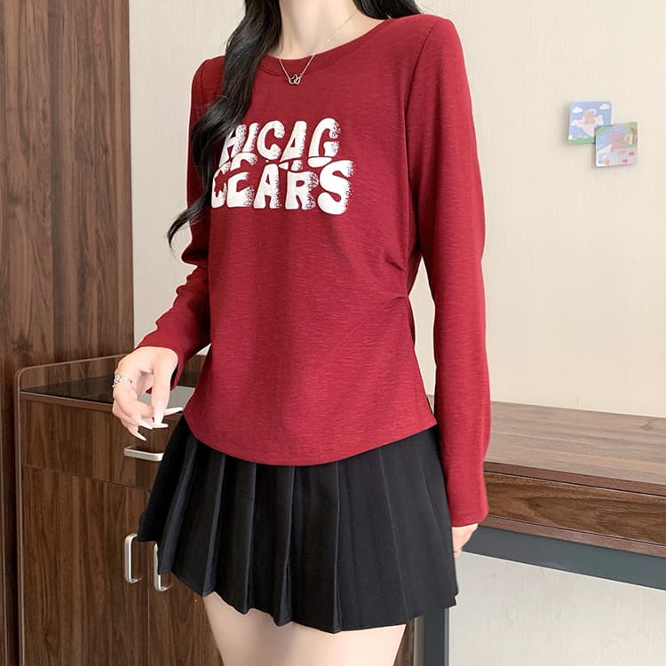 실사 2026 가을 의상 새로운 지방 mm 빅 사이즈 여성 한 부서 미니멀리즘 라운드 넥 프린트 알파벳 꼬집기 허리 긴팔 맨위 상세 이미지 11