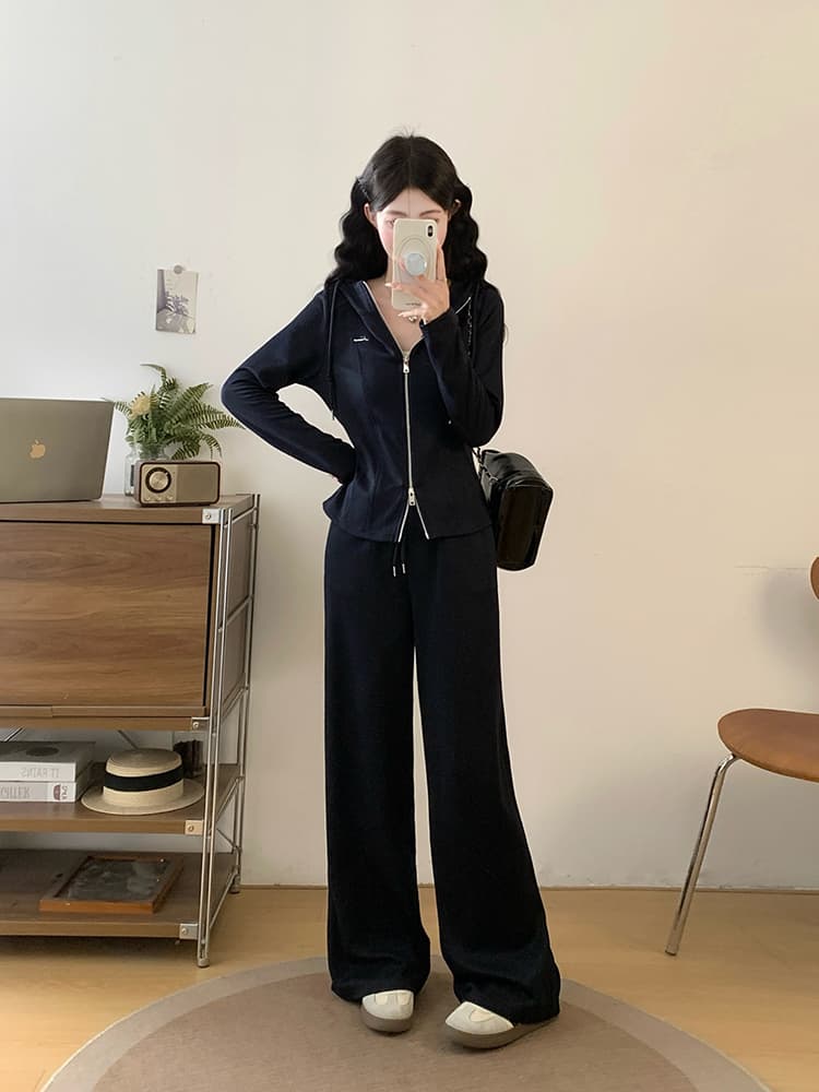 실사 2026 가을 의상 새로운 지방 mm 빅 사이즈 여성 패션 캐주얼 더블 지퍼 긴팔 맨위 와이드 레그 팬츠 투피스 세트 상세 이미지 16