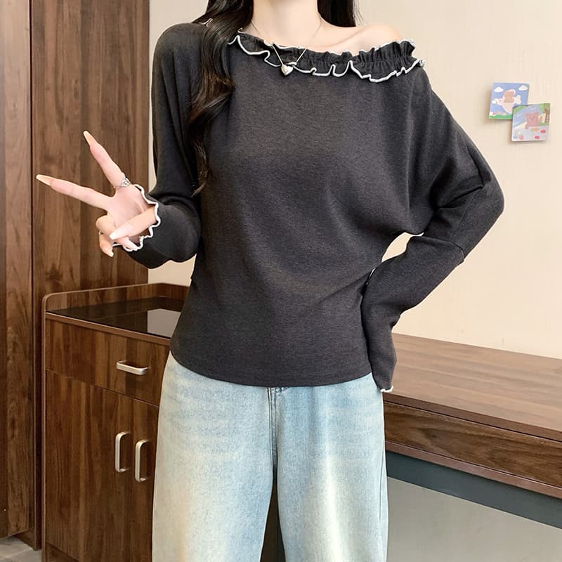 실사 2026 가을 의상 새로운 지방 mm 빅 사이즈 여성 한 부서 부드러운 바람 목이버섯 레이스 비스듬한 칼라 오프숄더 긴팔 맨위 이미지 4
