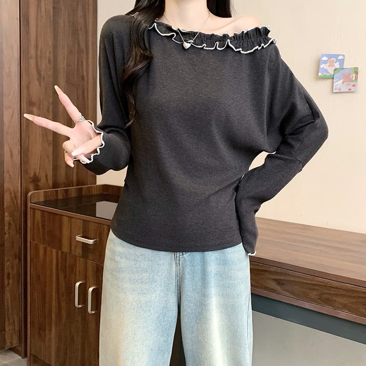 실사 2026 가을 의상 새로운 지방 mm 빅 사이즈 여성 한 부서 부드러운 바람 목이버섯 레이스 비스듬한 칼라 오프숄더 긴팔 맨위 상세 이미지 12