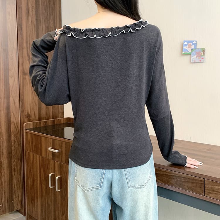 실사 2026 가을 의상 새로운 지방 mm 빅 사이즈 여성 한 부서 부드러운 바람 목이버섯 레이스 비스듬한 칼라 오프숄더 긴팔 맨위 상세 이미지 13