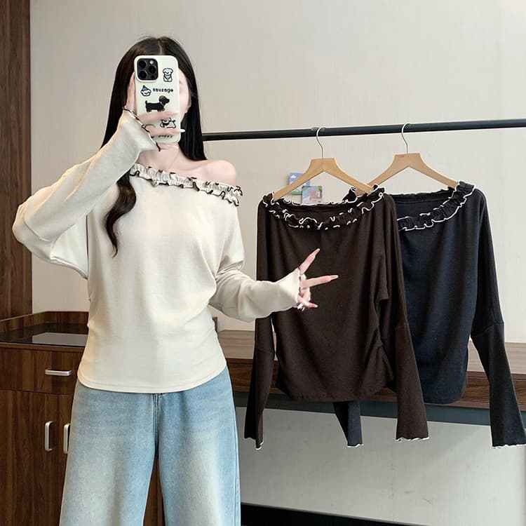 실사 2026 가을 의상 새로운 지방 mm 빅 사이즈 여성 한 부서 부드러운 바람 목이버섯 레이스 비스듬한 칼라 오프숄더 긴팔 맨위 상세 이미지 14