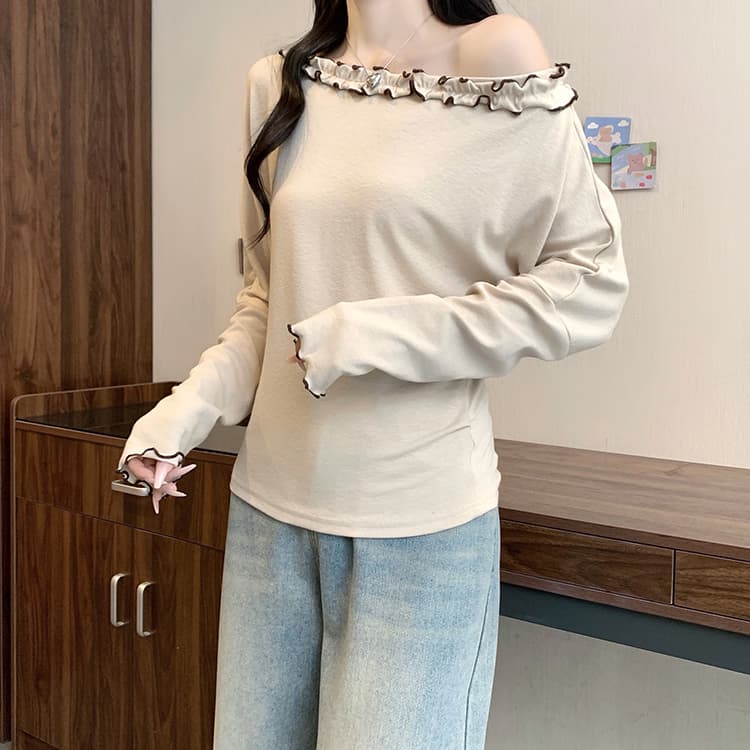 실사 2026 가을 의상 새로운 지방 mm 빅 사이즈 여성 한 부서 부드러운 바람 목이버섯 레이스 비스듬한 칼라 오프숄더 긴팔 맨위 상세 이미지 20