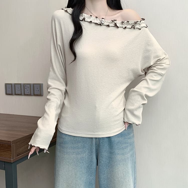 실사 2026 가을 의상 새로운 지방 mm 빅 사이즈 여성 한 부서 부드러운 바람 목이버섯 레이스 비스듬한 칼라 오프숄더 긴팔 맨위 상세 이미지 21