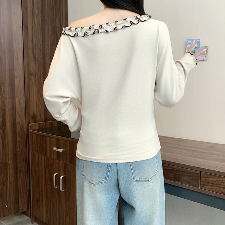 실사 2026 가을 의상 새로운 지방 mm 빅 사이즈 여성 한 부서 부드러운 바람 목이버섯 레이스 비스듬한 칼라 오프숄더 긴팔 맨위 상세 이미지 22