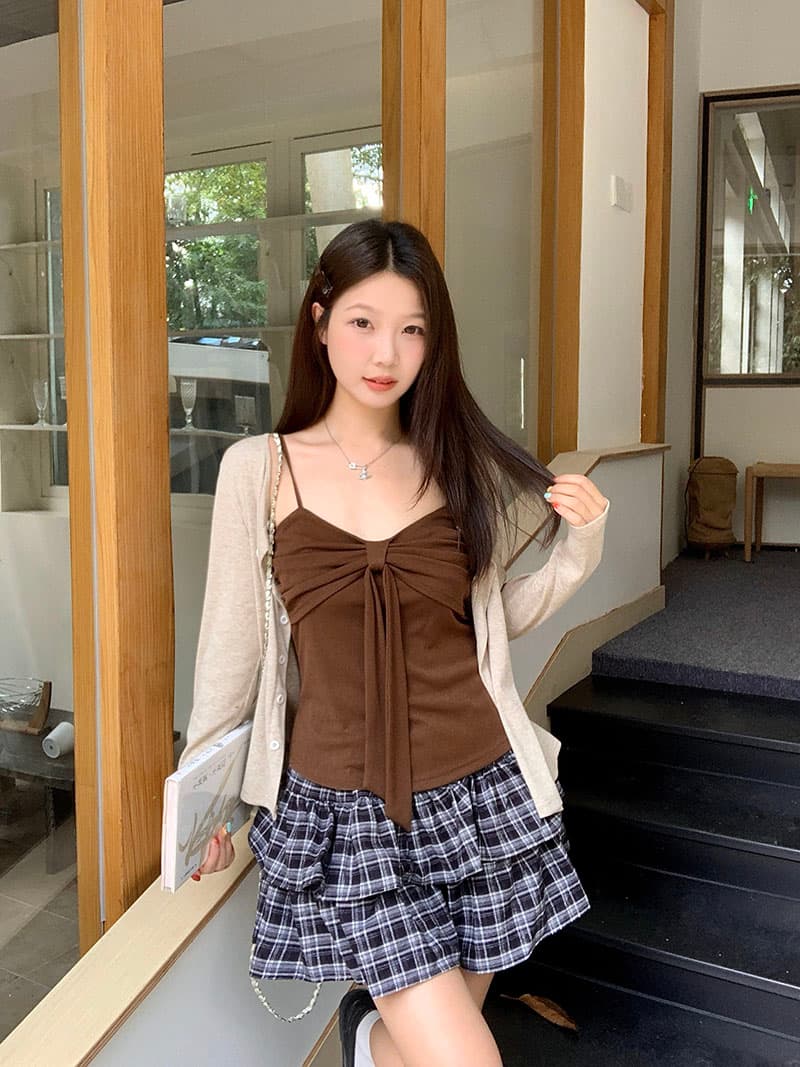 실사 2026 가을 의상 새로운 지방 mm 빅 사이즈 여성 디자인 센스 미니멀리즘 다용도 체크무늬 케이크 드레스 미니 스커트 이미지 3