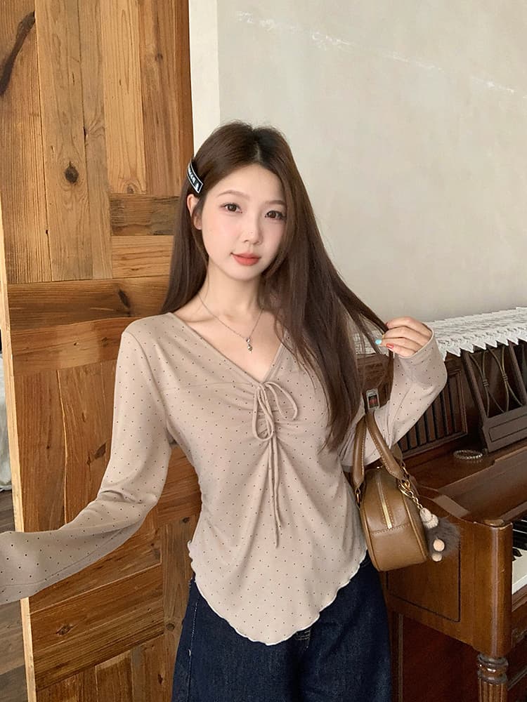 실사 2026 가을 의상 새로운 지방 mm 빅 사이즈 여성 달콤함 도트 무늬 V넥 나비 매듭 불규칙 작은 셔츠 맨위 상세 이미지 5