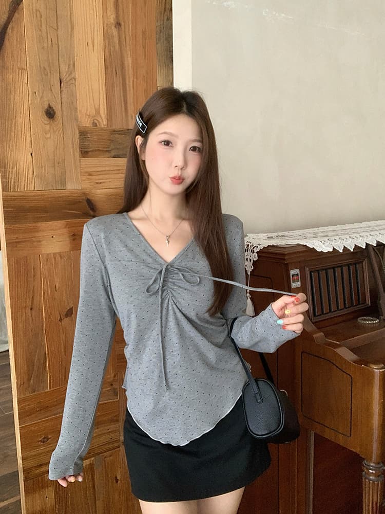 실사 2026 가을 의상 새로운 지방 mm 빅 사이즈 여성 달콤함 도트 무늬 V넥 나비 매듭 불규칙 작은 셔츠 맨위 상세 이미지 17