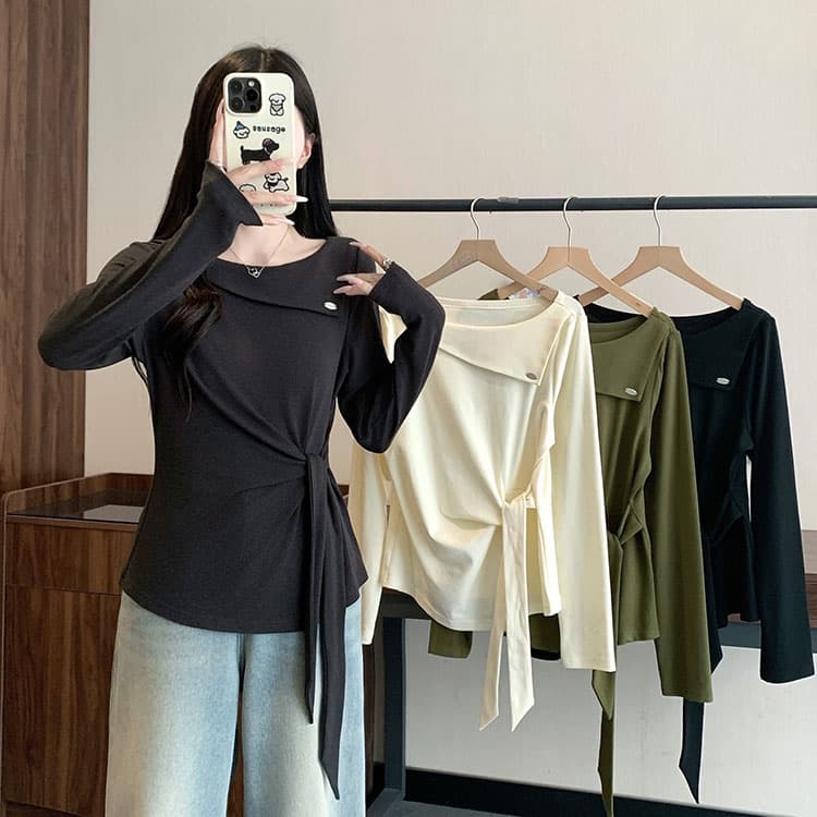 실사 2026 가을 의상 새로운 지방 mm 빅 사이즈 여성 레저 디자인 센스 리본 몸매 가꾸기 슬림해 보이는 긴팔 맨위 상세 이미지 15