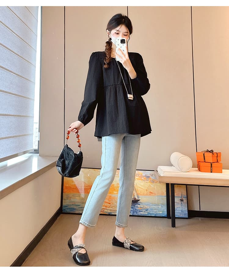 실사 임산부 봄 가을 맨위 프랑스식 광장 칼라 주름 루즈핏 슬림해 보이는 인형 셔츠 상세 이미지 14