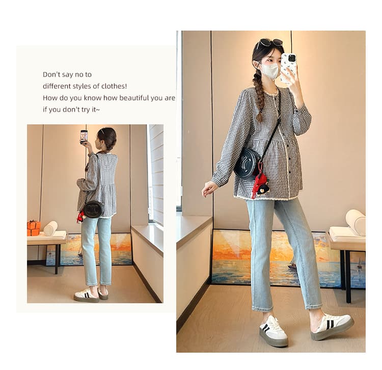 실사 임산부 봄 가을 격자 무늬 셔츠 달콤함 레이스 패치워크 루즈핏 빅 사이즈 슬림해 보이는 오픈 가디건 상세 이미지 3