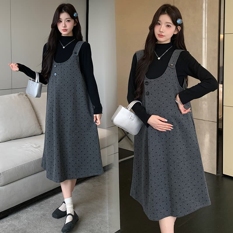 실사 임산부 가을 겨울 새로운 두꺼운 모직 세트 만나는 패션 도트 무늬 드레스 고급 착용 가져 가라. 이미지 3