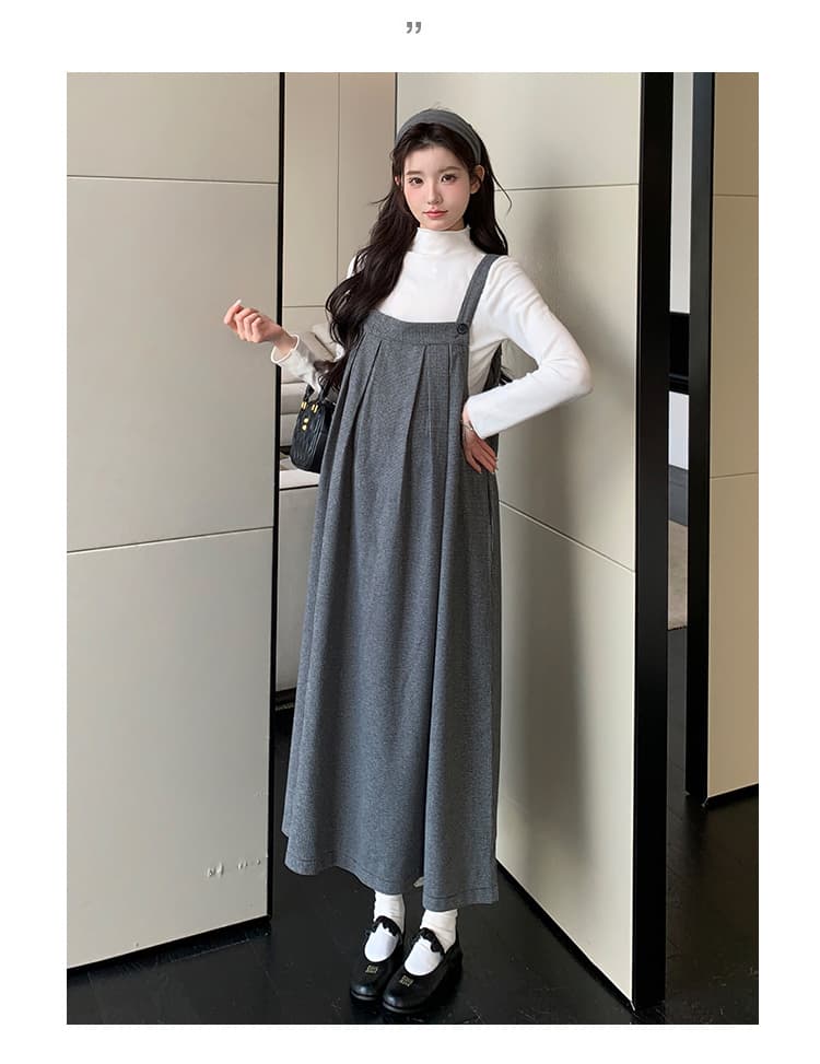 실사 임산부 가을 겨울 새로운 세트 품격 슬림해 보이는 하운드투스 체크 멜빵 스커트 단색 만나는 루즈핏 빅 사이즈 상세 이미지 13