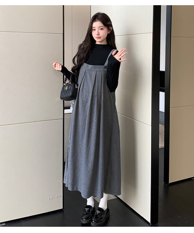 실사 임산부 가을 겨울 새로운 세트 품격 슬림해 보이는 하운드투스 체크 멜빵 스커트 단색 만나는 루즈핏 빅 사이즈 상세 이미지 15