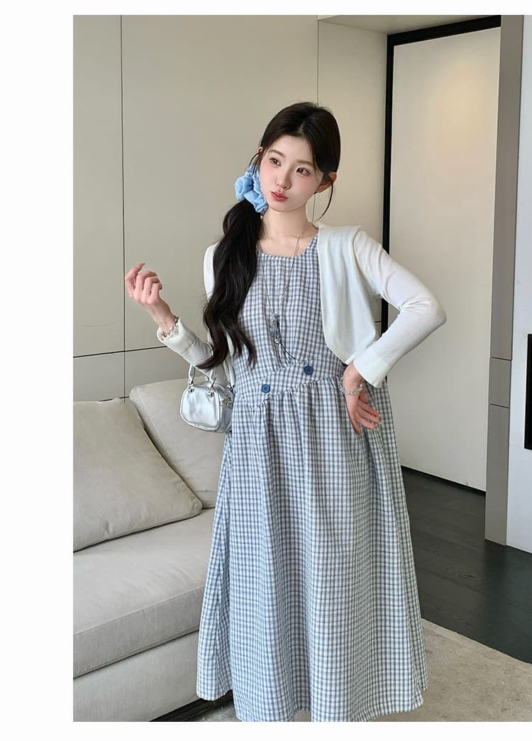실사 여름 새로운 자외선 차단 작은 셔츠 신선함 체크무늬 조끼 스커트 슬림해 보이는 품격 빅 사이즈 투피스 세트 상세 이미지 13