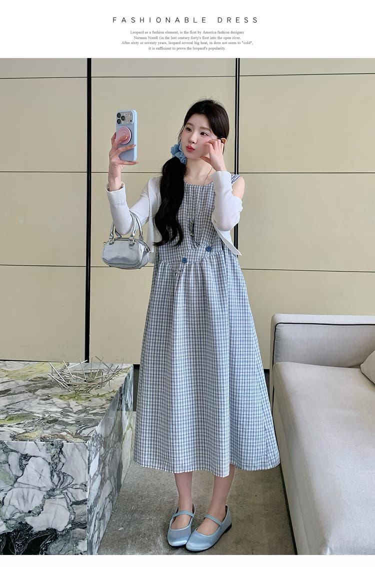 실사 여름 새로운 자외선 차단 작은 셔츠 신선함 체크무늬 조끼 스커트 슬림해 보이는 품격 빅 사이즈 투피스 세트 상세 이미지 15