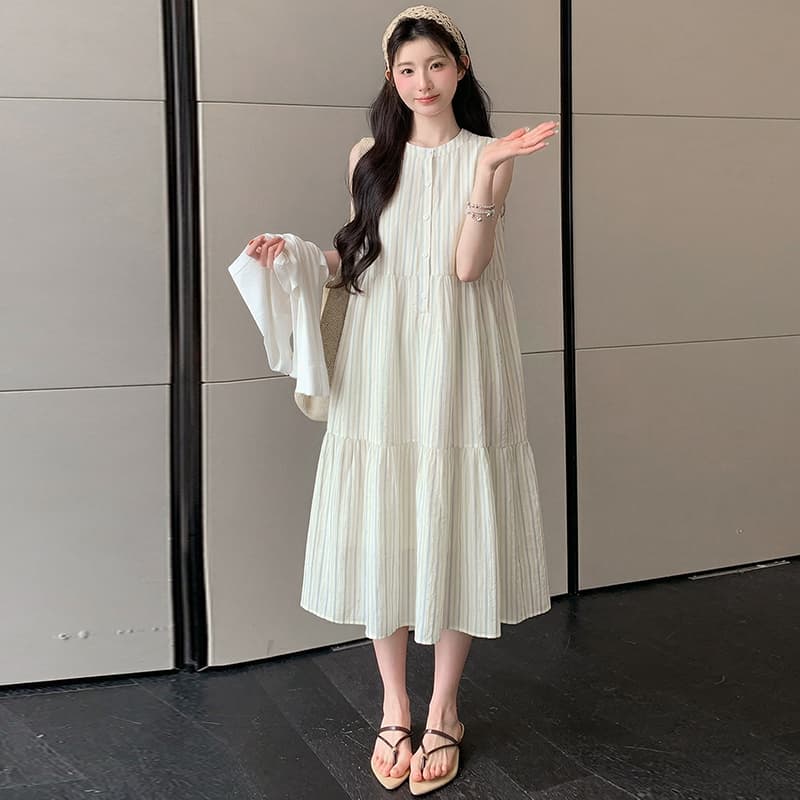 실사 한 부서 휴가 바람 슬림해 보이는 드레스 수 있습니다. 열기 버클 수유 자외선 차단 작은 셔츠 루즈핏 조끼 치마 세트 이미지 4