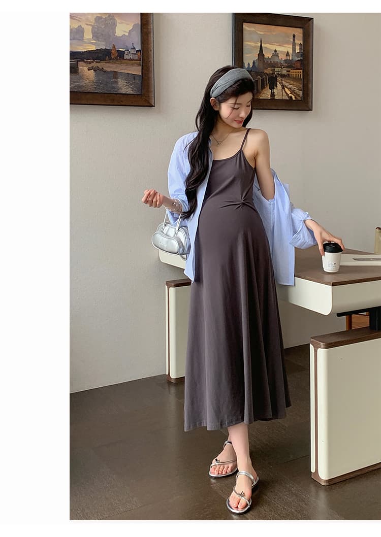 실사 높은 탄력성 면 비틀림 품격 슬립 드레스 파란색 스트라이프 자외선 차단 셔츠 심지어 세트 상세 이미지 17