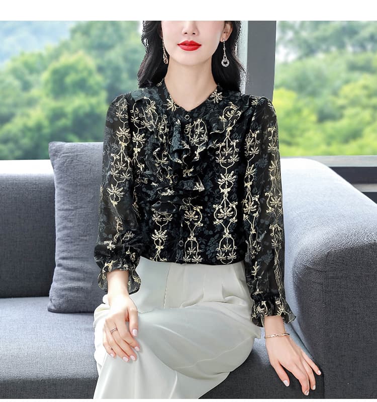 가을 유리 더블 绉 스 셔츠 빛 럭셔리 여성 연령 감소 꽃무늬 맨위 긴팔 루즈핏 표지 배 엄마 작은 셔츠 상세 이미지 10