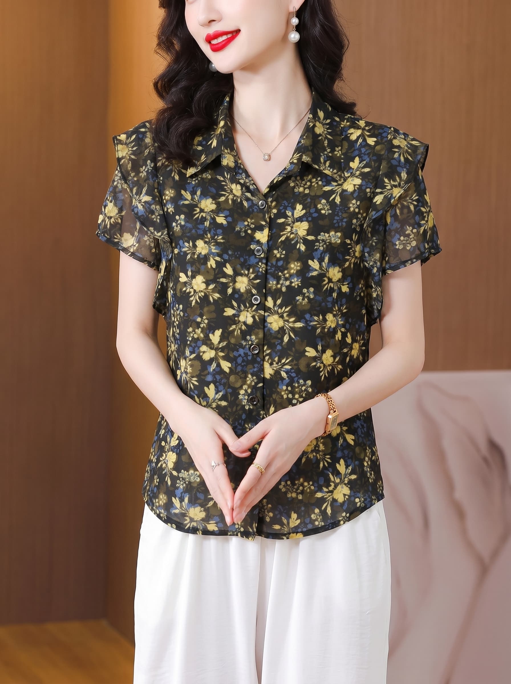 여름 새로운 엄마 외국 가스 빅 사이즈 루즈핏 표지 고기 폴로 칼라 오픈 가디건 루즈핏 표지 배 고급 셔츠 상세 이미지 6