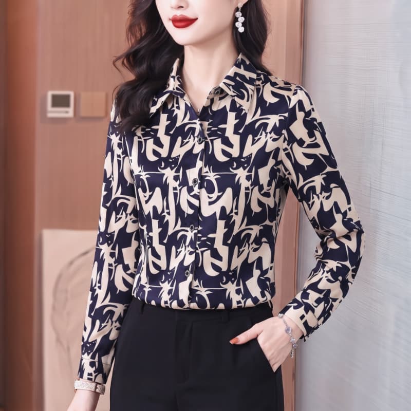 패션 폴로 칼라 긴팔 셔츠 여성 가을 새로운 프린트 작은 셔츠 외국 가스 엄마 연령 감소 다용도 출퇴근 맨위 이미지 4