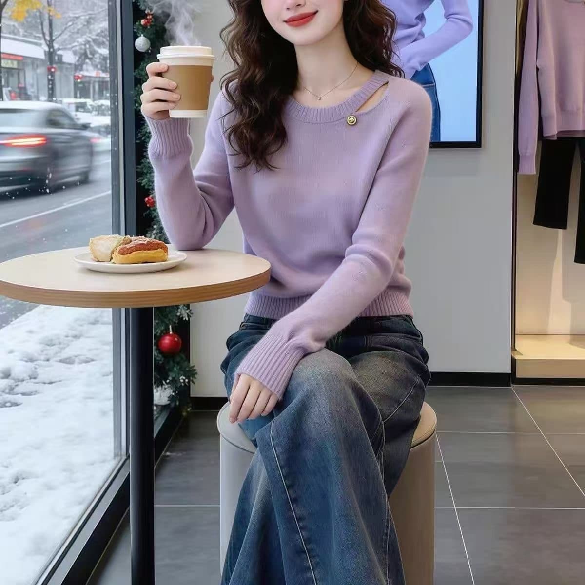 2026 자이언트 잘 생긴 한 부서 아름다운 부드러운 느긋한 보라색 홀로우 아웃 부드러운 찹쌀 니트 스웨터 스웨터