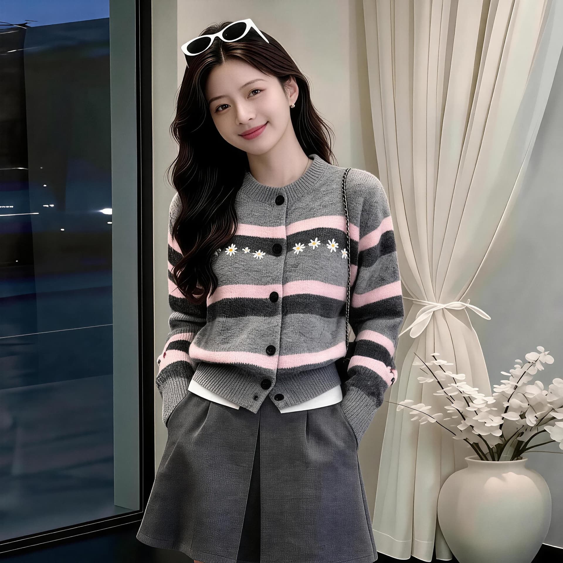 학원 스타일 배색 스트라이프 니트 오픈 가디건 여성 가을 겨울 부드러운 찹쌀 눈꽃 자수 루즈핏 느긋한 바람 스웨터 코트 상세 이미지 8