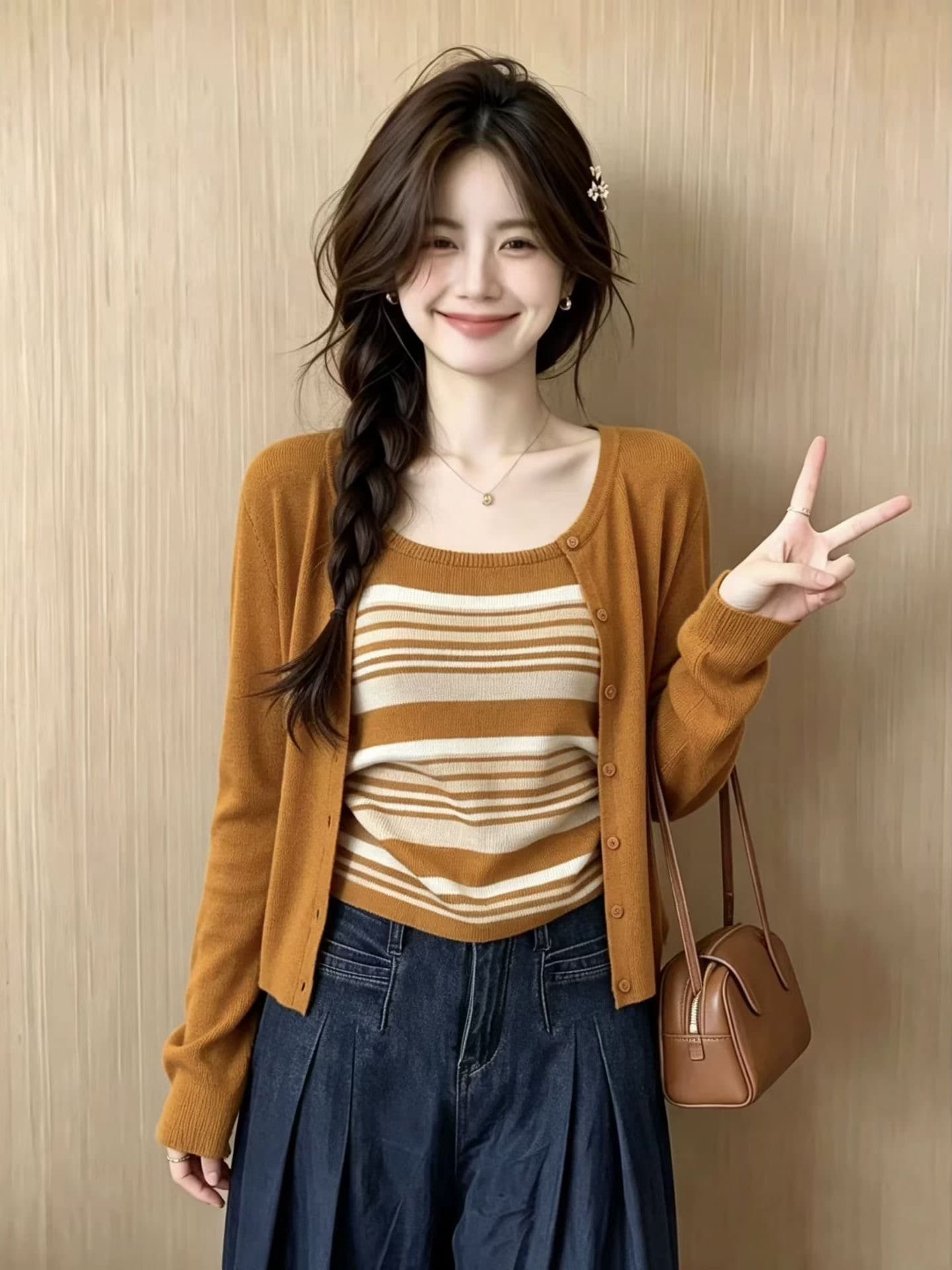 이른 가을 새로운 느슨함 센스 니트 긴 소매 오픈 가디건 여성 디자인 센스 스택 착용 배색 스트라이프 조끼 맨위 투피스 세트 상세 이미지 3