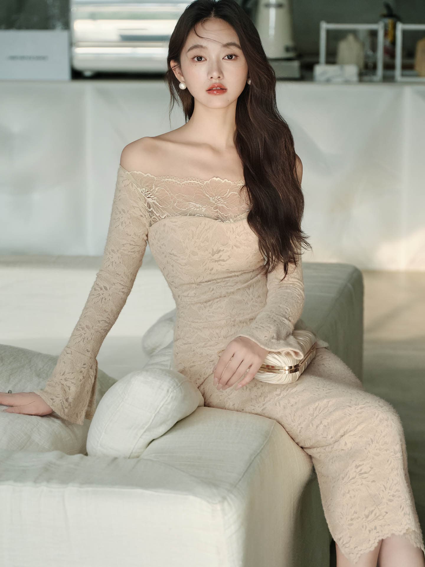 재고 있음 나만의 것을 가져와 라. 가슴 패드 순수한 욕망 섹시함 보트넥 레이스 가을 겨울 드레스 이미지 5