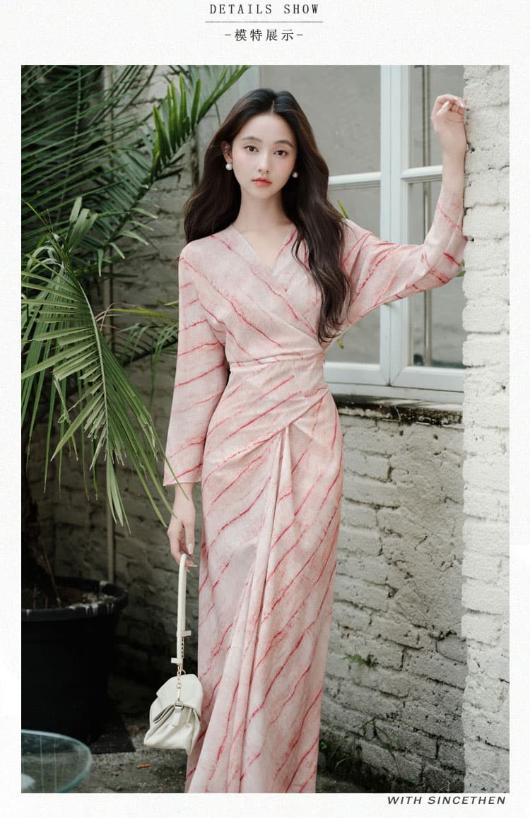 빛 요리 한 품격 계모 치마 낭만주의 스트라이프 프린트 배색 점프 슈트 길다 치마 상세 이미지 7