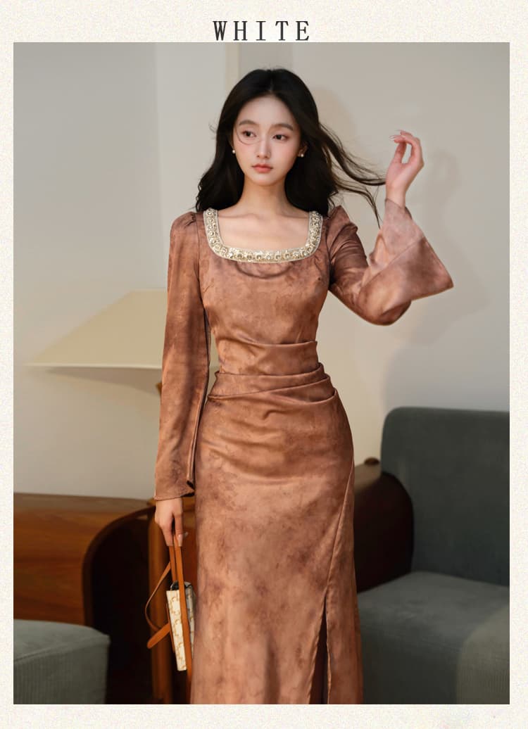 재고 있음 프랑스식 유화 복잡한 고대 칼라 긴팔 점프 슈트 치마 허리 수축 슬림해 보이는 명문 여성 품격 예복 롱 스커트 상세 이미지 12
