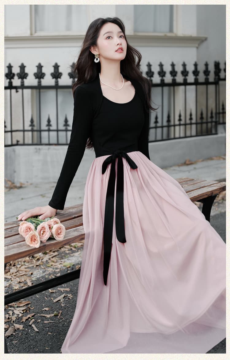 품격 어깨 배색 나비 넥타이 슬림해 보이는 긴팔 여성 드레스 프랑스식 하이웨이스트 디자인 센스 롱 코트 치마 상세 이미지 16