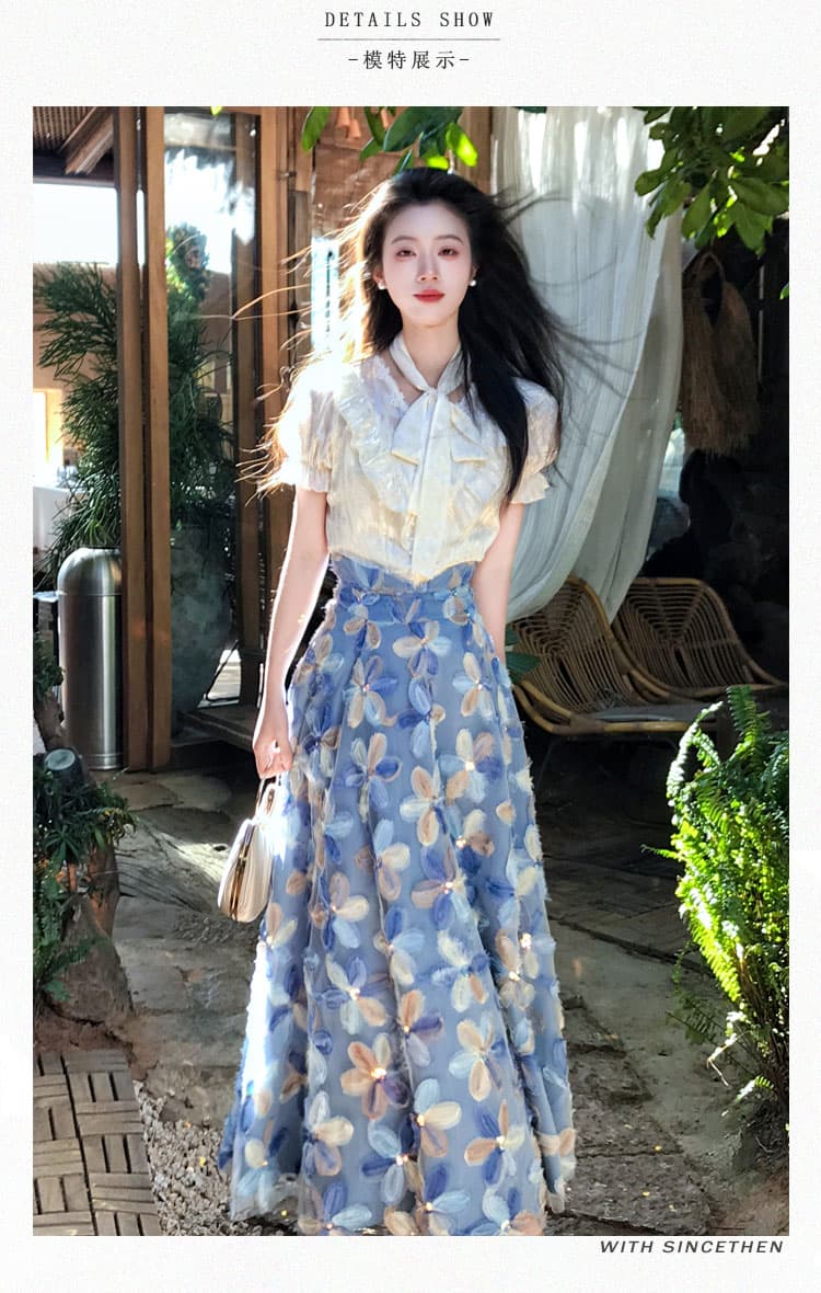 실사 잔 그림자 흔적 꿈 품격 행침 목 스트랩 레이스 반팔 셔츠 작은 대중 3 차원 꽃 반신 스커트 상세 이미지 8