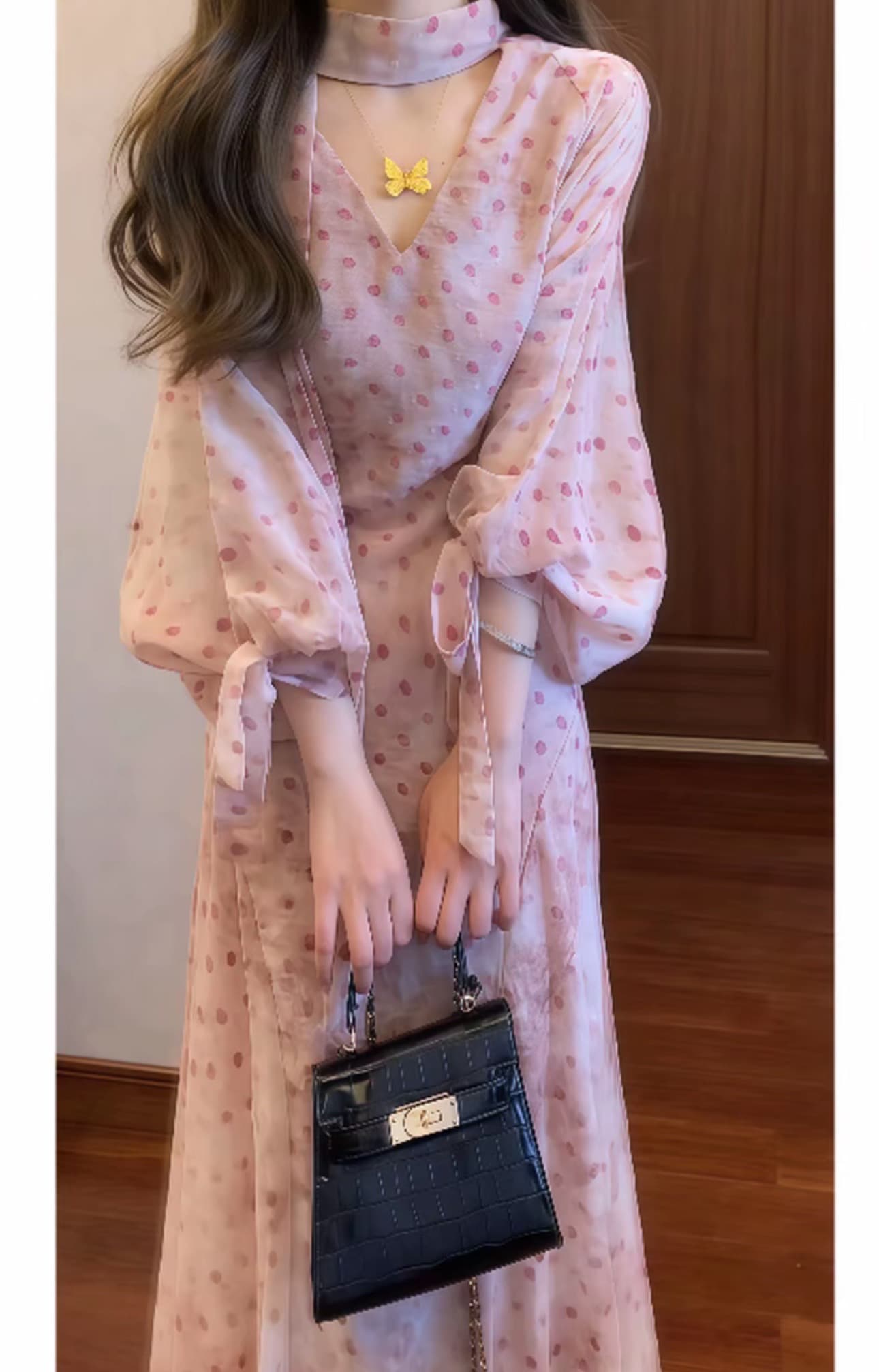 실사 绯 구름 향기로운 가을 프랑스식 부드러운 핑크색 도트 무늬 V넥 리본 드레스 허리 수축 품격 롱 스커트 상세 이미지 8
