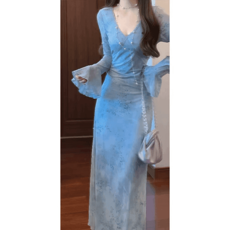 실사 프랑스식 부드러운 바람 품격 파란색 홀치기 염색 V넥 드레스 여성 의류 2026 봄 새로운 수리 이미지 4