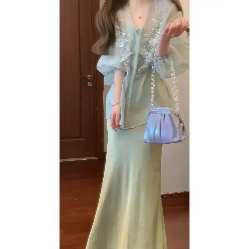 실사 전나무 박하 새로운 중식 자외선 차단 Tulle 맨위 국풍 슬립 드레스 젠 세트 드레스 이미지 5
