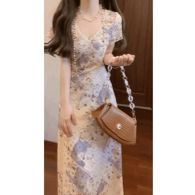 실사 프랑스식 부드러운 신축성 레이스 빛 베이지 색 꽃무늬 V넥 드레스 디스플레이 몸 허리 수축 품격 롱 스커트 이미지 4