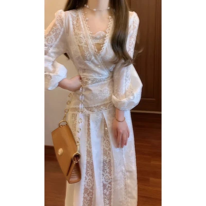 실사 프랑스식 부드러운 품격 레이스 긴팔 여성 드레스 서리가 내린 부서 고급 센스 고유 한 허리 수축 한 마디 롱 스커트 상세 이미지 3
