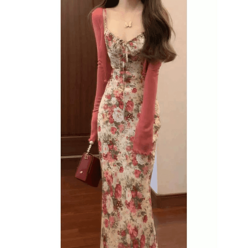 실사 꽃무늬 슬립 롱 스커트 몸매 가꾸기 슬림해 보이는 허리 수축 치마 여름 품격 드레스 섹시함 세트 이미지 4