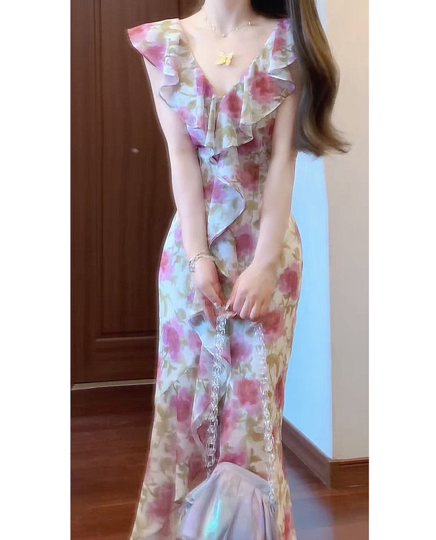 실사 낭만주의 우아함 V넥 프릴 허리 수축 시안 빛 핑크색 꽃무늬 드레스 상세 이미지 4