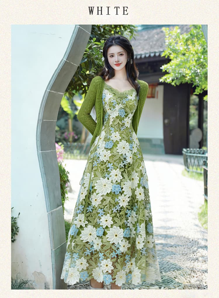 그린 필드 남자 섬 무거운 작업 물 용해 레이스 V넥 슬립 드레스 몸매 가꾸기 롱 스커트 자외선 차단 오픈 가디건 상세 이미지 12