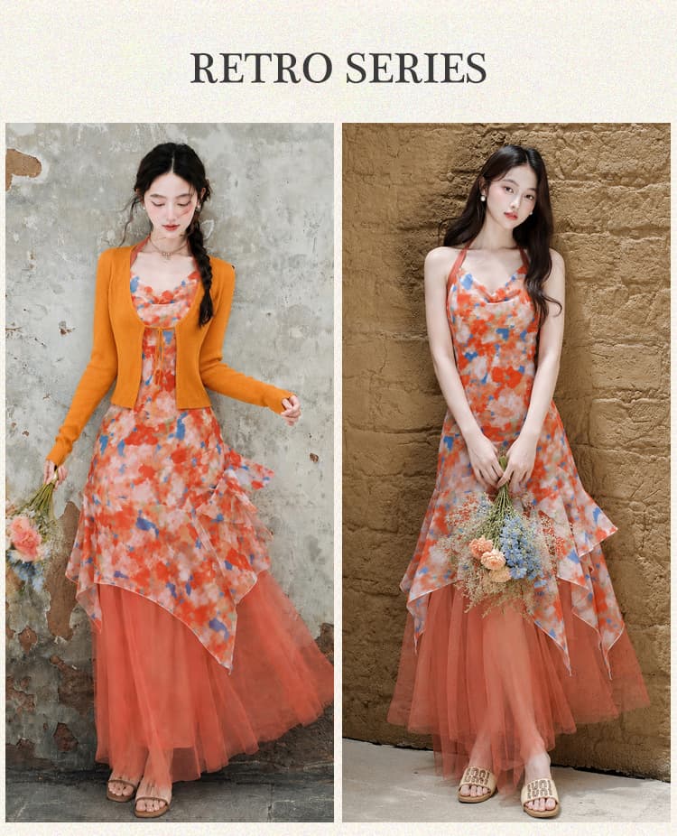 주황색 프린트 슬립 여성 드레스 여름 해변가 휴가 바람 롱 스커트 불규칙 패치워크 망사 요정 치마 상세 이미지 1