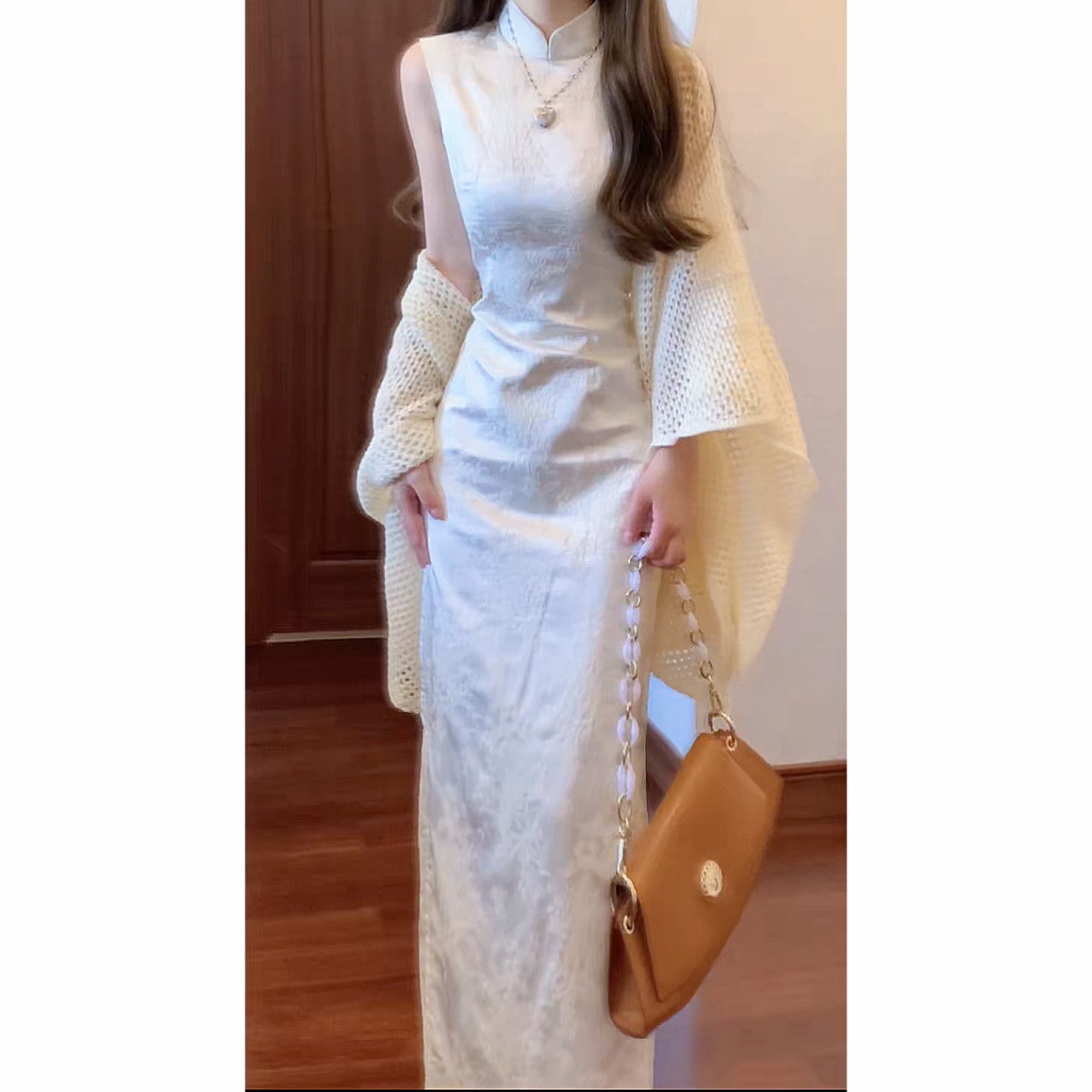 실사 화이트 실크 자카드 롱 코트 민소매 개선 치파오 몸매 가꾸기 품격 드레스 여름 여성 이미지 2